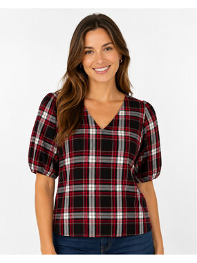 LOFT Women's Multicolor Tartan Plaid V-Neck Pullover Blouse
